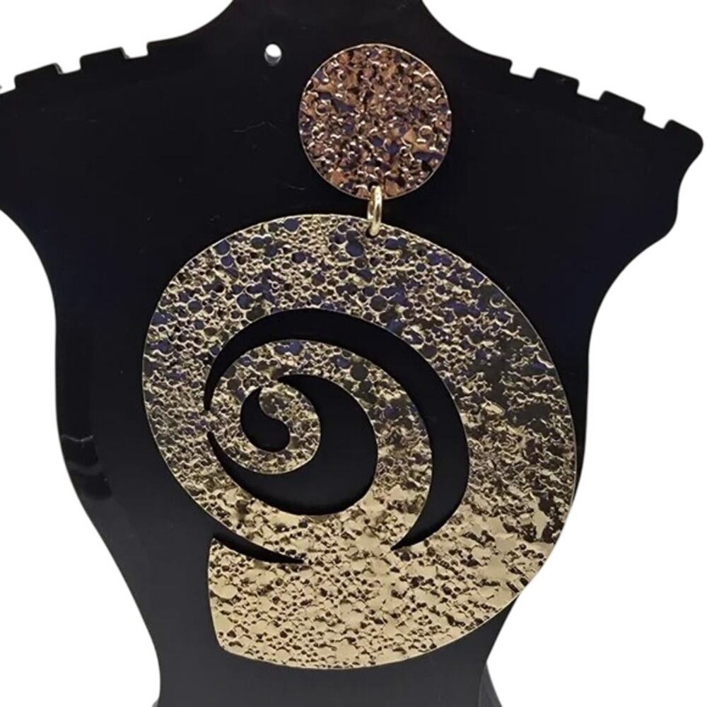 NWT PrettyLittleThing Gold Textured Swirl Disk Statement Earrings Drop Dangle - Picture 5 of 16